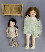 2 Vintage Dolls with Wicker Rocking Cradle