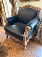 Carved Wood & Leather Club Chair