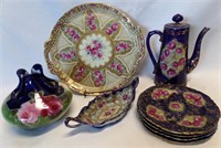 Antique Handpainted Roses Cobalt  Porcelain Dishes