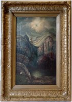 Unsigned Oil on Canvas Painting  Moonlit Mountain