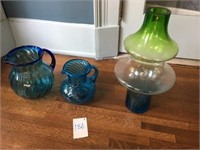 (2) Blue Pitchers & Vase