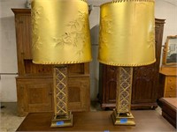 PAIR GLASS LAMPS W/GOLD SHADES