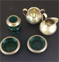 Green glass set & silver creamer sugar bowl lot
