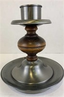 Pewter and wood candle stick holder