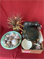 Box of miscellaneous decorator items and bowl of