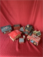6 unmatched house/building figurines (1 metal, 3