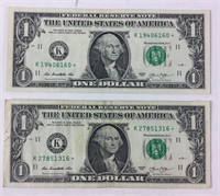 Pair of 2013 Star Note 1 Dollar Bills