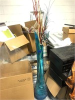 3' Tall Blue Glass Vase with Faux Plants inside