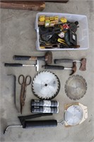 BOX OF ASSORTED SAW BLADES, TOOLS, HARDWARE ETC