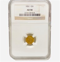 1852 G$1 Dollar Liberty Head Gold Coin AU 58 / NGC