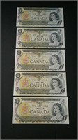 Five 1973 Canada Unc One Dollar Banknotes Lawson
