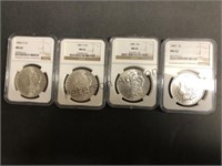 4 - 1884, 85, 86, 87 Graded Morgan Dollars