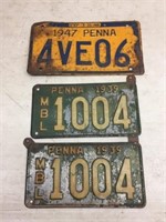 (3) Vintage Penna License Plates