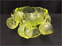 Miniature Vaseline Glass Punch Bowl Set