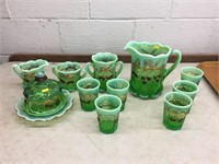 Green Opalescent Cherry-Pattern Water Pitcher Set