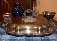 Large Silver plate Covered tray, crystal vases &
