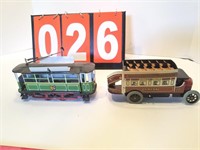 Tin wind up trolley and double decker bus