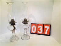 2 glass oil lamps tall