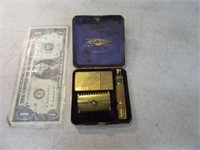 Antique GILETTE Razor Set in Case Gold Colored Unq