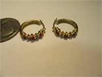 10kt Gold Loop Earrings w/ Red/Bling Stones 3.5g