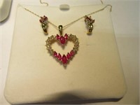14kt Gold 3pc Necklace~Earring SET RedStones 5.1g