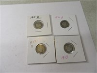 1910-11-12-13 Lot (4) Silver Barber Dimes sleeved