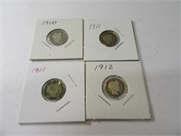 Lot (4) 1910/11/12 Barber Silver Dimes sleeved