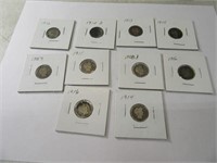 Lot (10) Barber Head Silver Dimes in sleeves