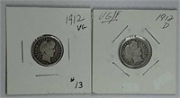 1912 & 1912-D  Barber Dimes  VG