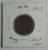1853  Braided Hair Half Cent  VF-30