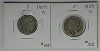 1929-D & 1929-S  Buffalo Nickels  F