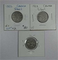 1922, 1923 & 1924  Canadian 5 Cents  VF
