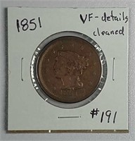 1851  Braided Hair Large Cent  VF-details  cleaned