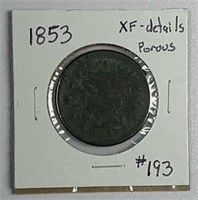 1853  Braided Hair Large Cent  XF-details  porous