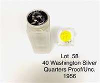 40 Roll/Unc. Proof Washington Silver Quarters 1956