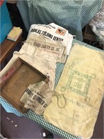VINTAGE BOX WITH HARDWARE APRONS & FEED SACK