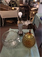 VINTAGE GLASS LAMP, PUNCH BOWL, & AMBER JAR