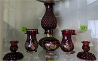 Top Shelf Lot Ruby Glass. Quilted Oil Lamp, Gold