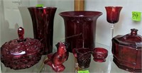 Shelf Lot Ruby Glass Cover Jar, Vases Etc
