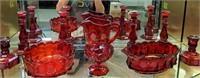 Shelf Lot Of Ruby Coin Glass. Pitcher, Candle