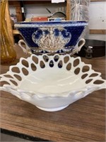 Ceramic Compote, Milk Glass Basket