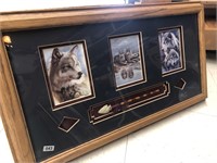 Framed Native American & Wolf Art (12" x 24"