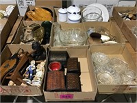 9 Boxes of Misc Glassware, Wood Boxes, Canister