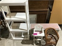 1 White Plastic Shelf, Kids Wicker Chair & Bench,