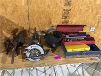 Air Hose, Bench Press, Skilsaw, Misc Tools