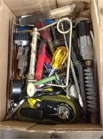 Flat of misc. Tools and ratchet strap