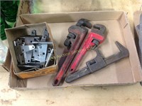 Flat w/ (3) Pipe Wrenches and Box Of Hinges