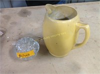 Glass Flower Frog and gold pottery pitcher
