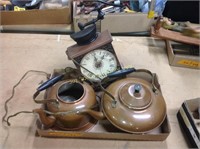 (2) copper tea pots and clock