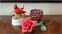 Porcelain Red Rose, Red Bird, Candle Holder